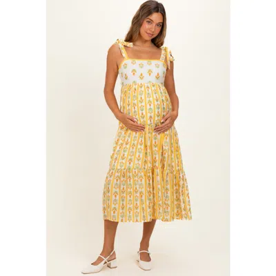 Pinkblush Striped Floral Shoulder Tie Midi Dress In Yellow