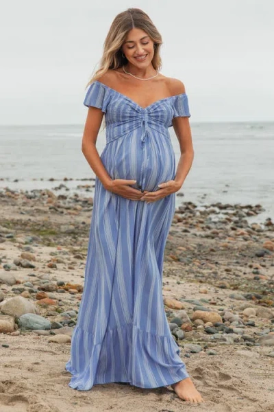 Pinkblush Striped Off Shoulder Front Tie Maxi Dress In Blue