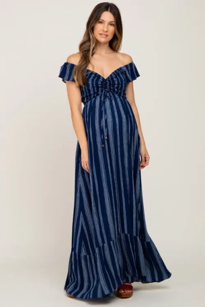 Pinkblush Striped Off Shoulder Front Tie Maxi Dress In Blue