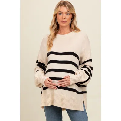 Pinkblush Striped Oversized Side Slit Sweater In Neutral