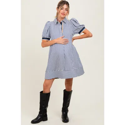 Pinkblush Striped Puff Sleeve Mini Shirt Dress In Blue