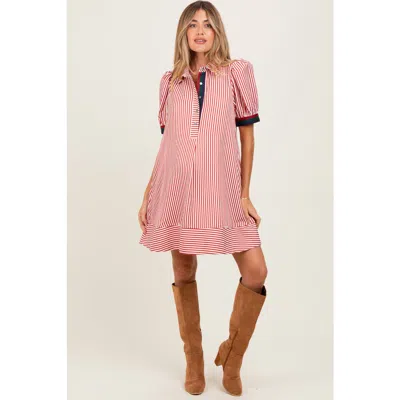 Pinkblush Striped Puff Sleeve Mini Shirt Dress In Red