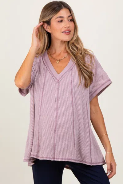 Pinkblush Striped Ribbed V-neck Oversized Short Sleeve Top In Mauve