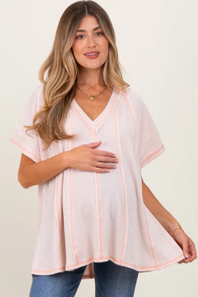 Pinkblush Striped Ribbed V-neck Oversized Short Sleeve Top In Peach