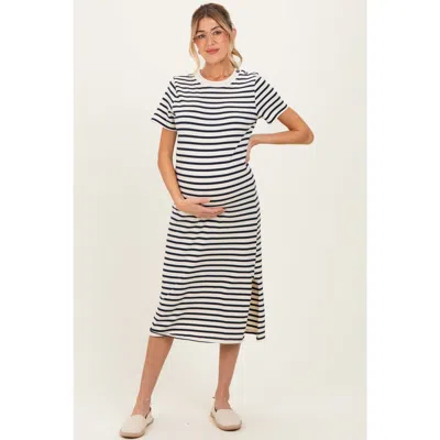 Pinkblush Striped Short Sleeve Midi Dress In Black