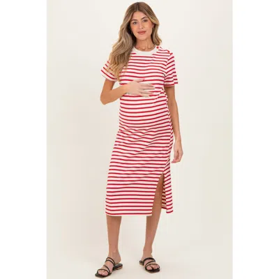 Pinkblush Striped Short Sleeve Midi Dress In Red