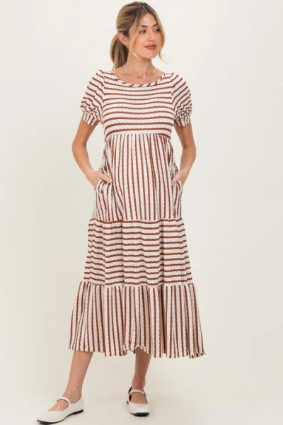 Pinkblush Striped Short Sleeve Tiered Maxi Dress In Brown