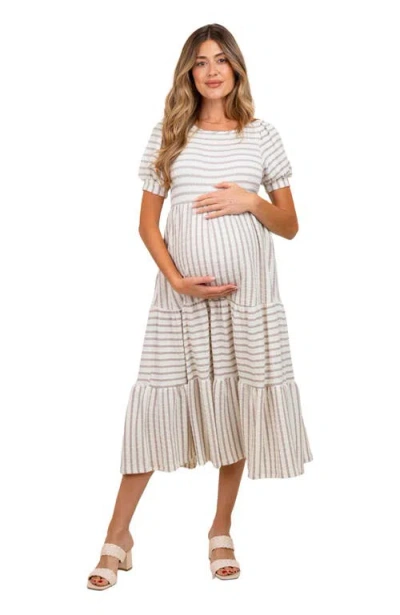 Pinkblush Striped Short Sleeve Tiered Maxi Dress In Gray