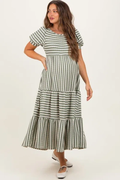 Pinkblush Striped Short Sleeve Tiered Maxi Dress In Green