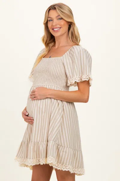 Pinkblush Striped Smocked Lace Trim Dress In Beige
