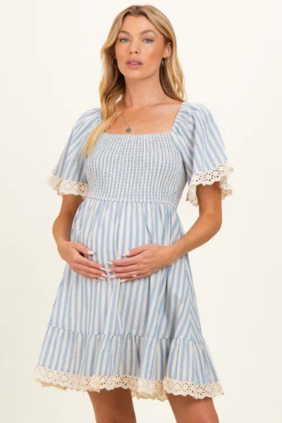 Pinkblush Striped Smocked Lace Trim Dress In Blue