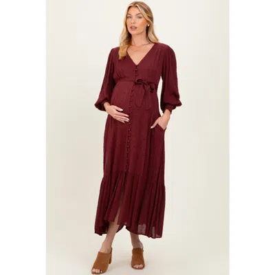Pinkblush Swiss Dot Button Down Maxi Dress In Burgundy