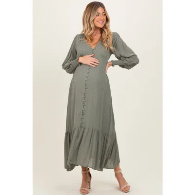 Pinkblush Swiss Dot Button Down Maxi Dress In Olive Green
