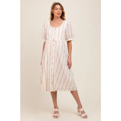 Pinkblush Swiss Dot Floral Print Button Down Midi Dress In Multi