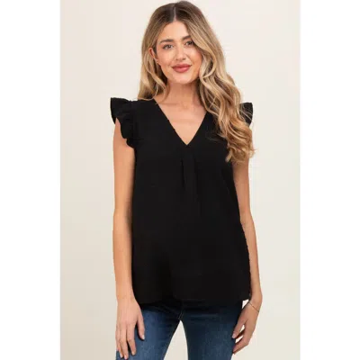 Pinkblush Swiss Dot Flutter Sleeve V-neck Top In Black