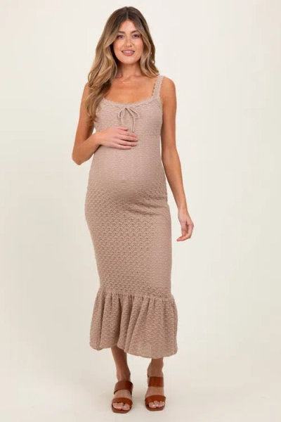 Pinkblush Taupe Crochet Knit Front Tie Midi Dress In Brown