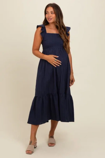 Pinkblush Textured Cotton Ruffle Strap Midi Dress In Blue
