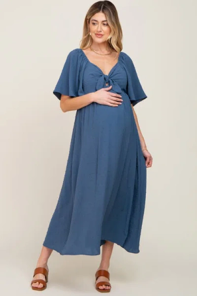 Pinkblush Textured Dot Front Tie Ruffle Sleeve Midi Dress In Blue