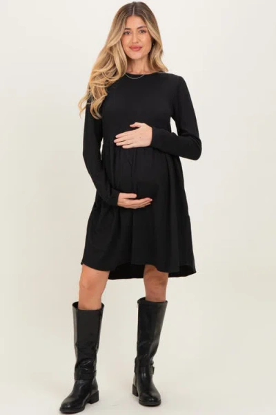 Pinkblush Textured Rib Long Sleeve Dress In Black