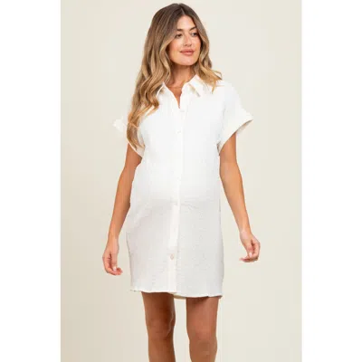 Pinkblush Textured Short Sleeve Button Down Shirt Dress In White