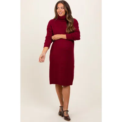 Pinkblush Turtleneck Side Slit Midi Sweater Dress In Burgundy