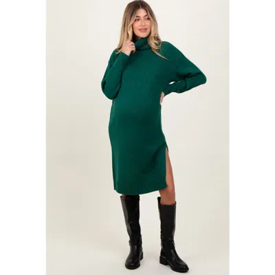 Pinkblush Turtleneck Side Slit Midi Sweater Dress In Green