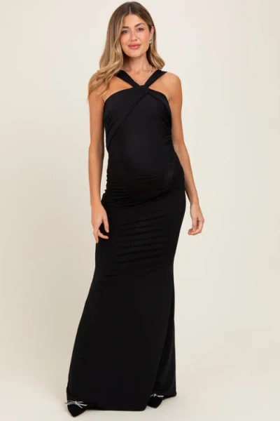Pinkblush Twist Front Ruched Maxi Dress In Black
