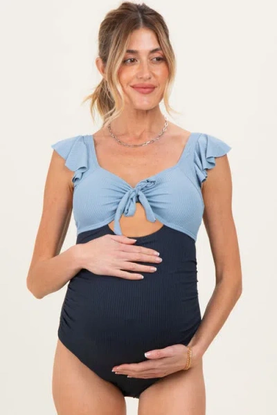 Pinkblush Two Tone Ribbed Front Tie Cutout Ruched Maternity Swimsuit In Blue
