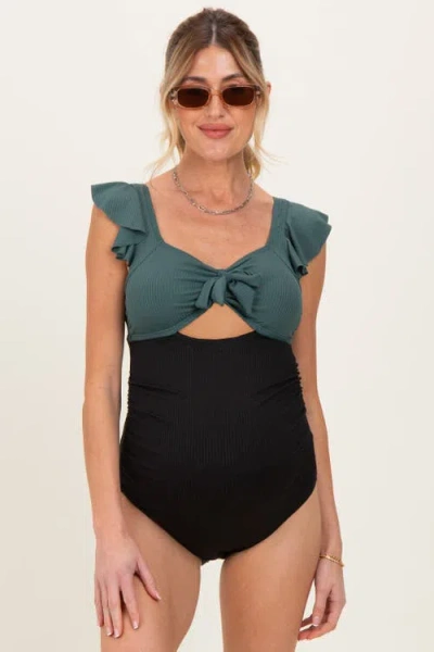Pinkblush Two Tone Ribbed Front Tie Cutout Ruched Maternity Swimsuit In Multi