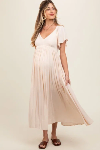 Pinkblush V-neck Flutter Short Sleeve Midi Dress In Neutral