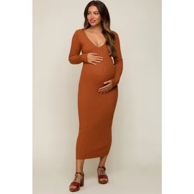 Pinkblush V-neck Long Sleeve Fitted Maxi Dress In Orange