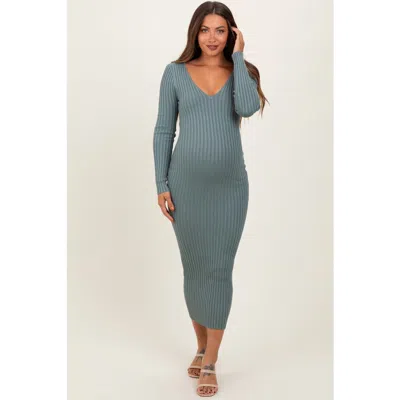 Pinkblush V-neck Long Sleeve Fitted Maxi Dress In Gray