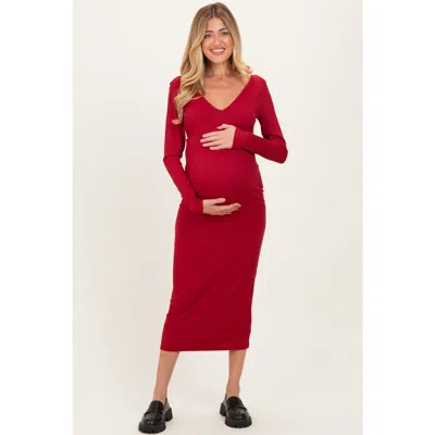 Pinkblush V-neck Long Sleeve Fitted Maxi Dress In Red