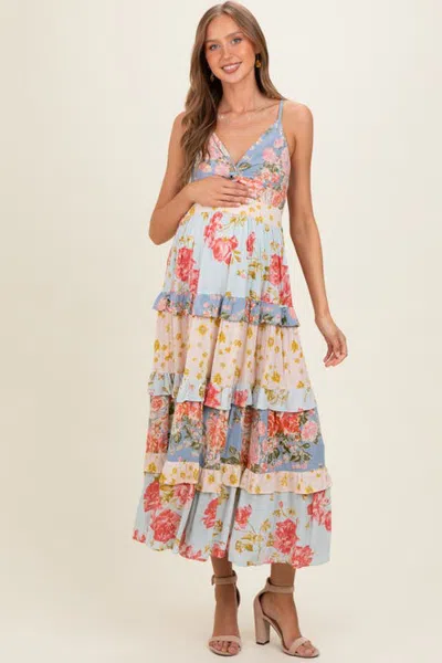 Pinkblush V Neck Twist Front Tiered Maxi Dress In Multi