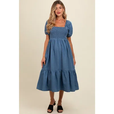 Pinkblush Vintage Wash Chambray Smocked Midi Dress In Blue