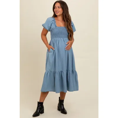 Pinkblush Vintage Wash Chambray Smocked Midi Dress In Blue