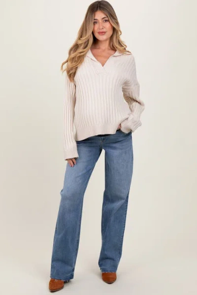 Pinkblush Vintage Wash Raw Hem Wide Leg Maternity Jeans In Neutral