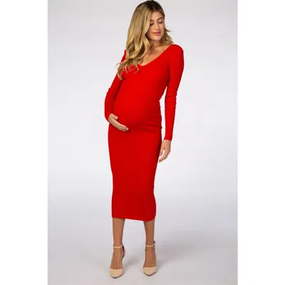 Pinkblush V-neck Long Sleeve Fitted Maxi Dress In Red