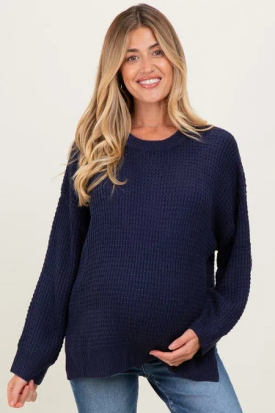 Pinkblush Waffle Knit Side Slit Sweater In Blue