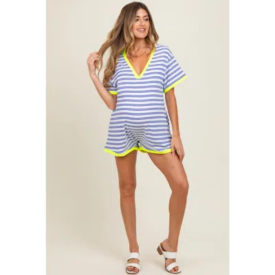 Pinkblush Waffle Knit V-neck Short Sleeve Romper In Blue