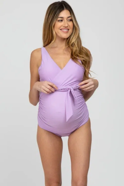Pinkblush Waist Tie Maternity One-piece Swimsuit In Purple