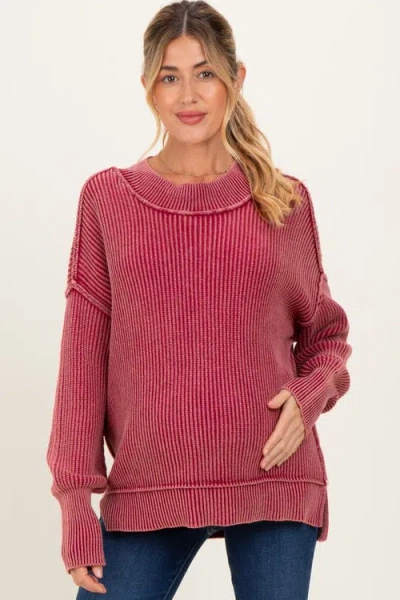 Pinkblush Washed Side Slit Oversized Sweater In Burgundy