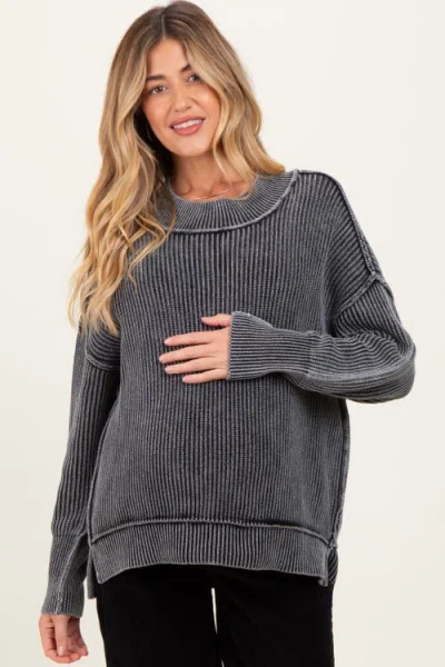 Pinkblush Washed Side Slit Oversized Sweater In Gray