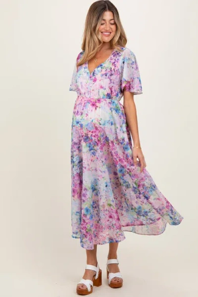 Pinkblush Watercolor Floral Flutter Sleeve Midi Dress In Multi