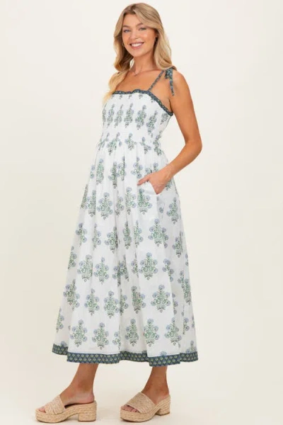 Pinkblush White Floral Smocked Shoulder Tie Maxi Dress