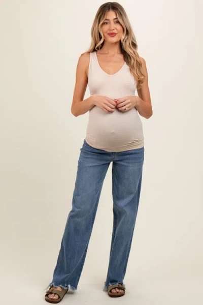 Pinkblush Wide Leg Distressed Hem Maternity Jeans In Blue