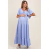 Pinkblush Woven Textured Flutter Sleeve V-neck Tiered Maxi Dress In Blue