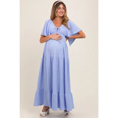 Pinkblush Woven Textured Flutter Sleeve V-neck Tiered Maxi Dress In Blue