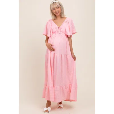 Pinkblush Woven Textured Flutter Sleeve V-neck Tiered Maxi Dress In Burgundy
