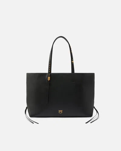 Pinko - Medium Leather Shopper Bag With Metal Details In Black